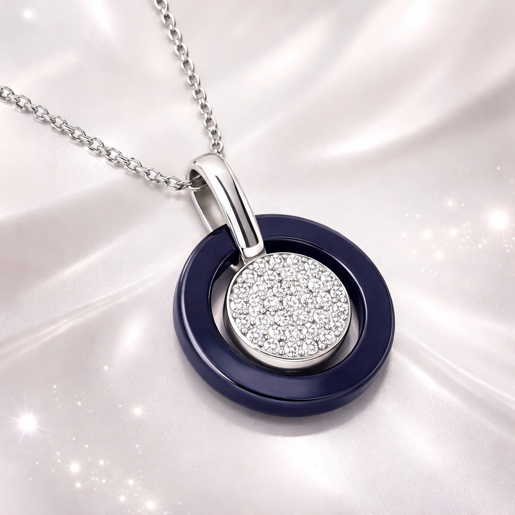 Collier Cercle Élégance – Argent 925 Rhodié, Céramique Bleu & Zirconium