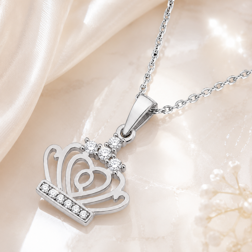 Collier Couronne Cœur Argent 925 Rhodié & Zirconiums