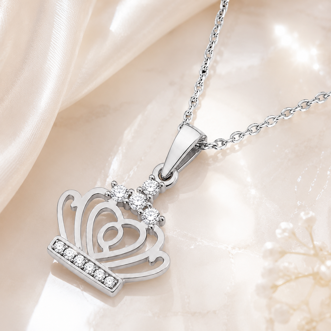Collier Couronne Cœur Argent 925 Rhodié & Zirconiums