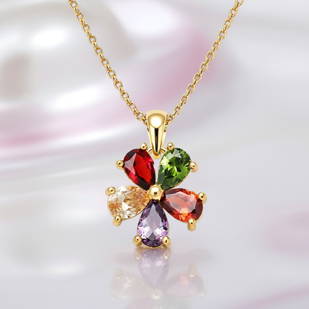 Collier Fleur Multicolore – Plaqué Or 18 Carats & Zirconium