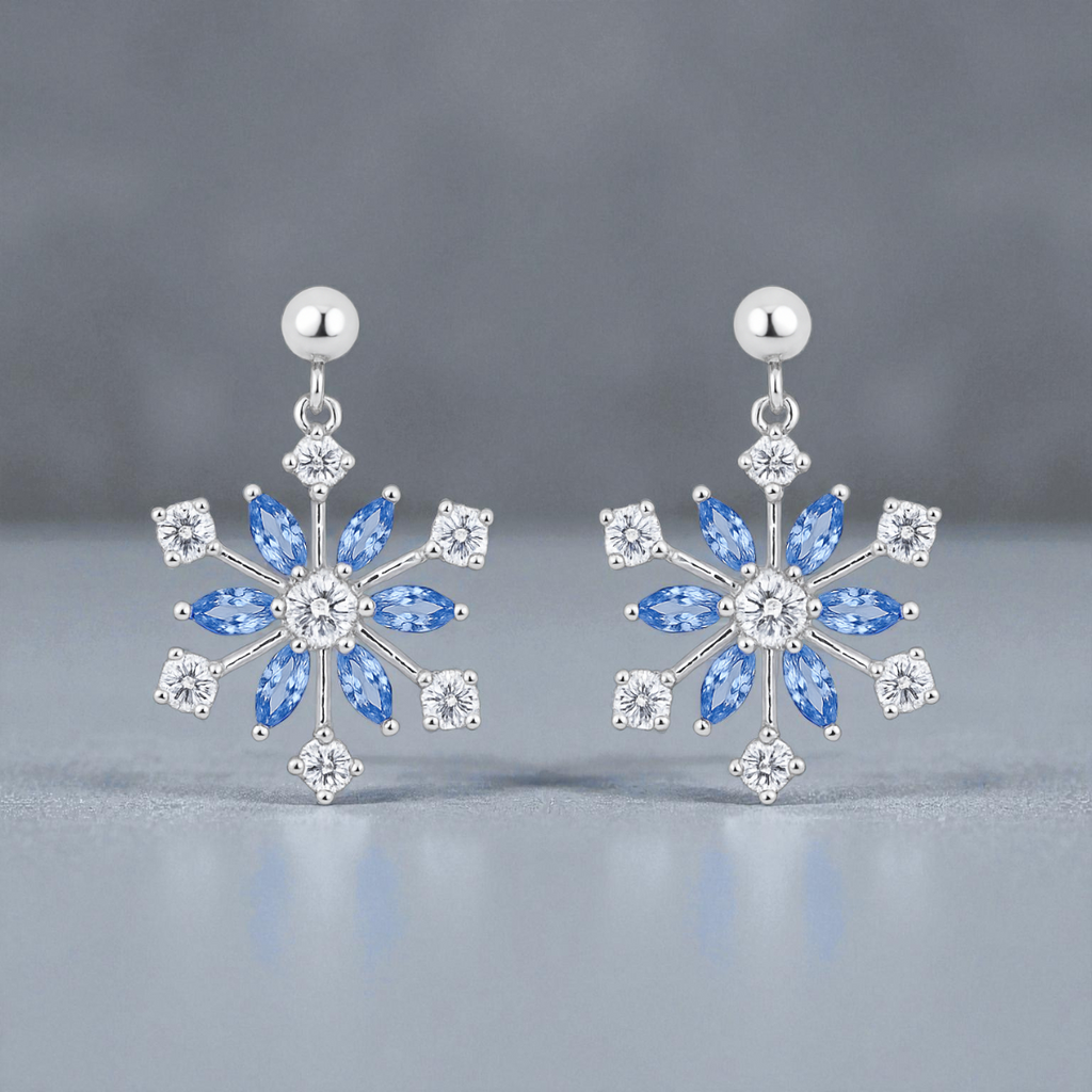 Boucles d’oreilles Flocon – Argent Rhodié & Zirconium Bleu et Blanc