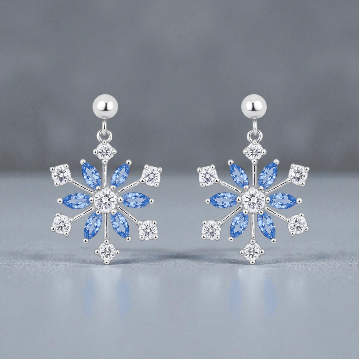 Boucles d’oreilles Flocon – Argent Rhodié & Zirconium Bleu et Blanc
