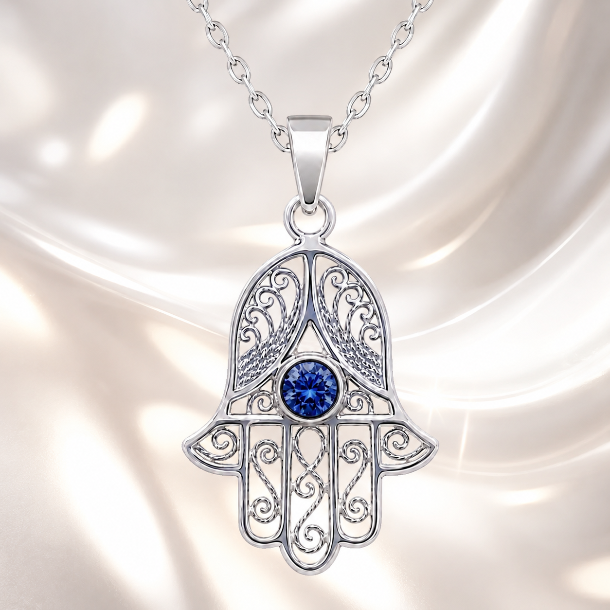 Collier Main de Fatma en Argent 925 Rhodié & Zirconium Bleu