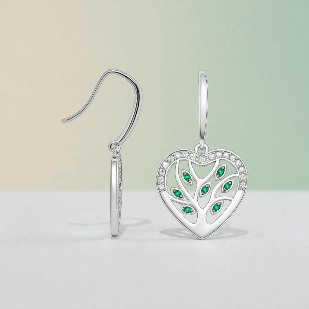 Boucles d’oreilles Cœur Arbre de Vie – Argent Rhodié, Zirconiums Blancs & Verts