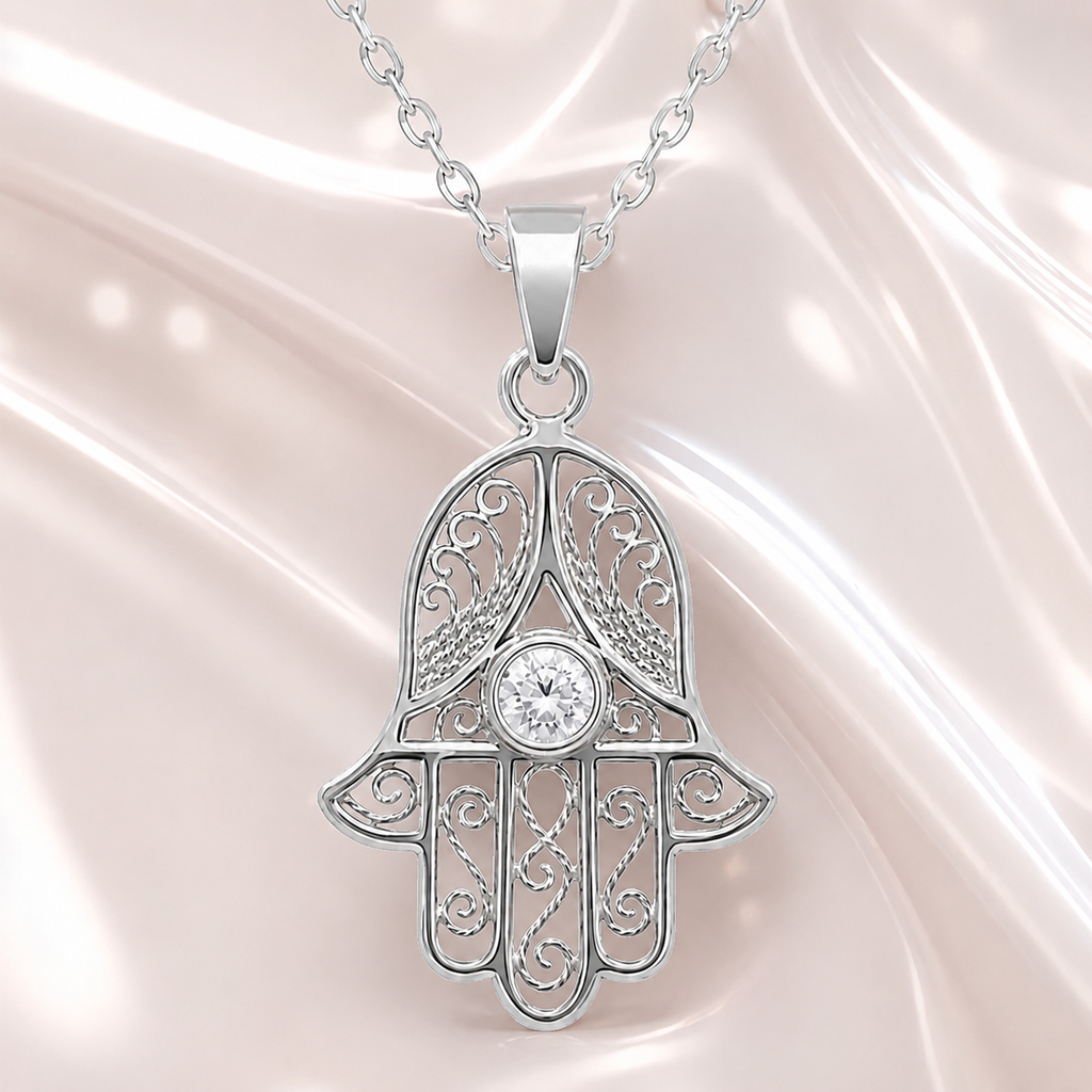 Collier Main de Fatma en Argent 925 Rhodié & Zirconium Blanc