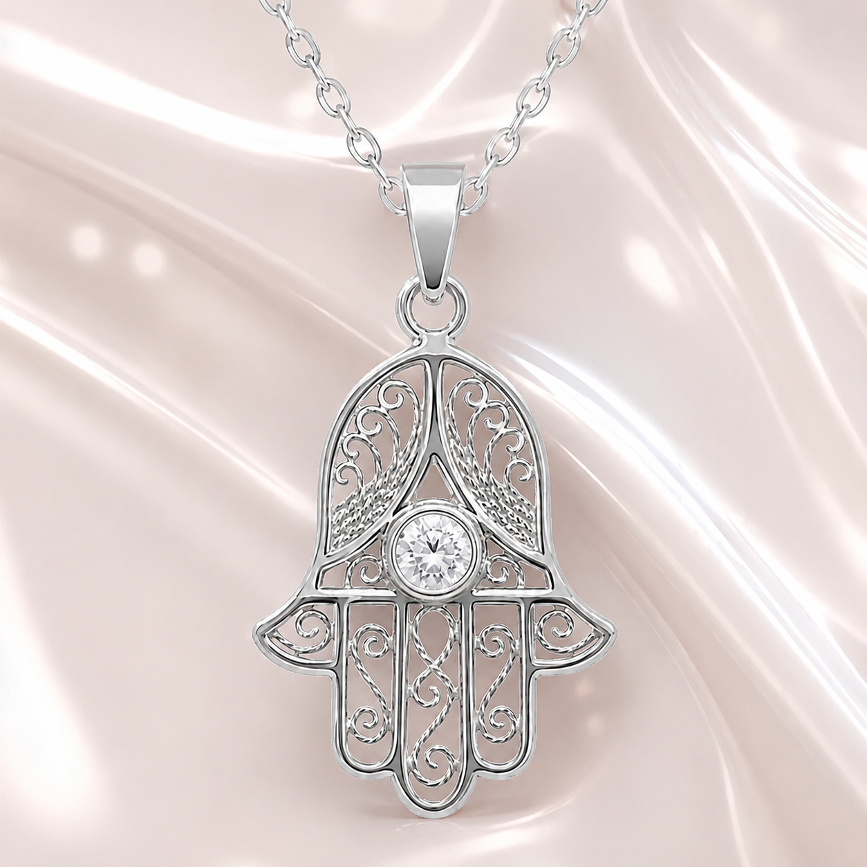 Collier Main de Fatma en Argent 925 Rhodié & Zirconium Blanc
