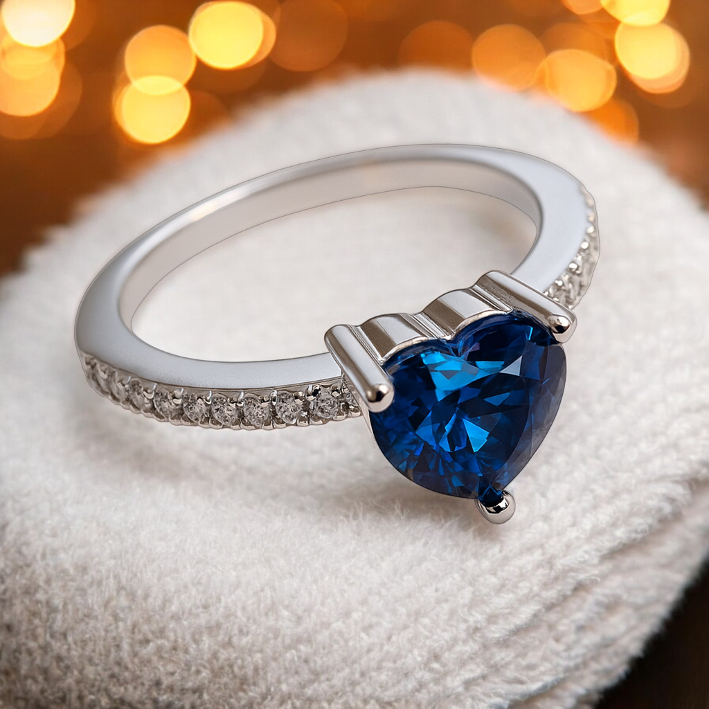 Bague Cœur Bleu en Argent 925 Rhodié – Zirconium