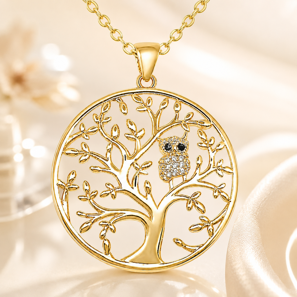 Collier Arbre de Vie & Hibou – Plaqué Or Jaune 18 Carats