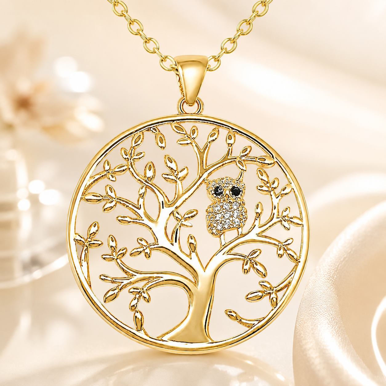 Collier Arbre de Vie & Hibou – Plaqué Or Jaune 18 Carats