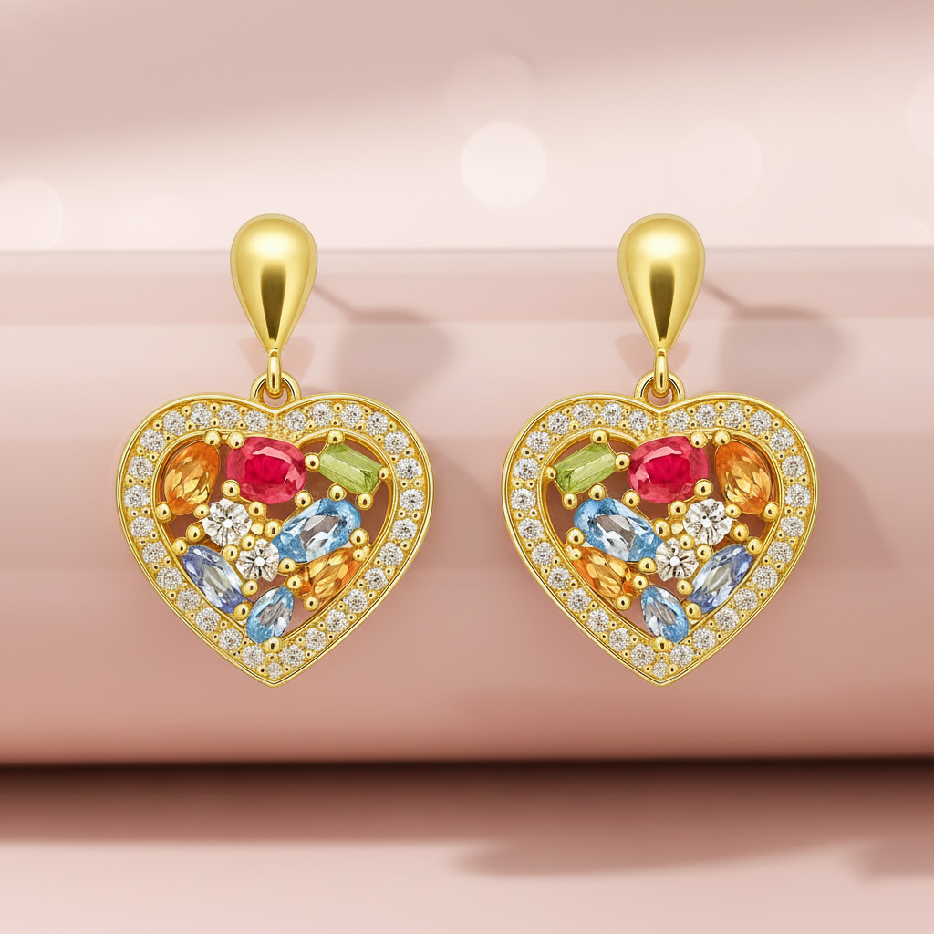 Boucles d’oreilles Cœur Multicolore – Plaqué Or & Zirconium