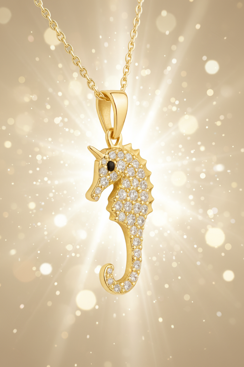 Collier Hippocampe Plaqué Or – Chaîne 40+5 cm – Pendentif Zircons Premium