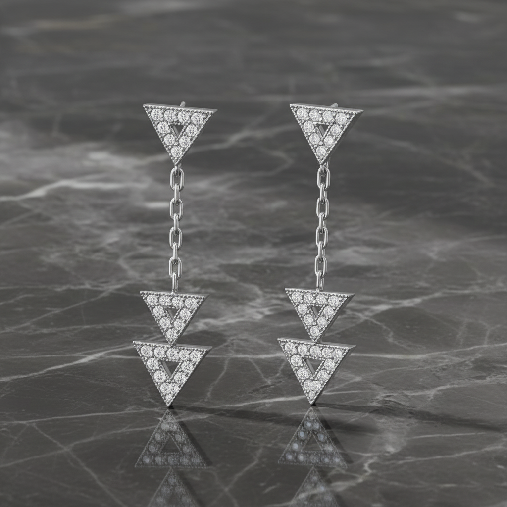 Boucles d’oreilles pendantes triangles en argent rhodié & zirconium blanc – Élégance géométrique