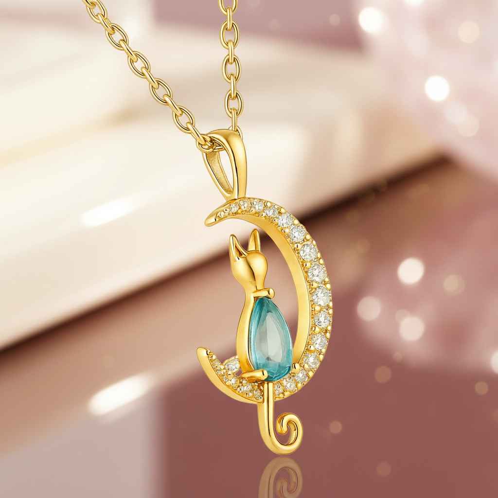 Collier Chat Lune – Plaqué Or 18 Carats & Zirconium