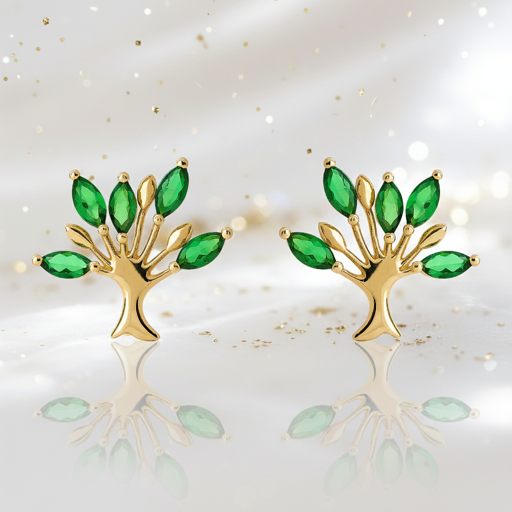 Boucles d’Oreilles Arbre de Vie – Plaqué Or & Pierres Zirconium Vert – Bijou Féminin Élégant