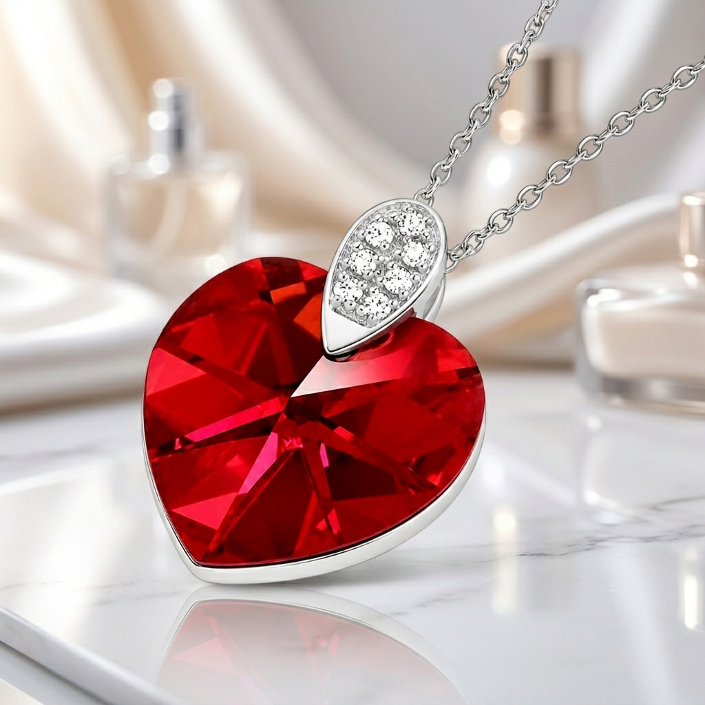 Collier Cœur Cristal rouge & Zirconiums en Argent 925 Rhodié