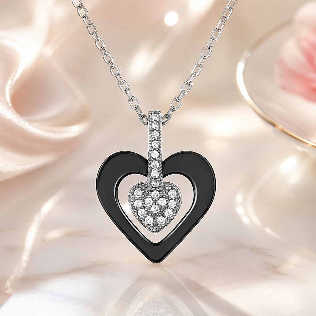 Collier Cœur Céramique Noire & Argent 925 Rhodié