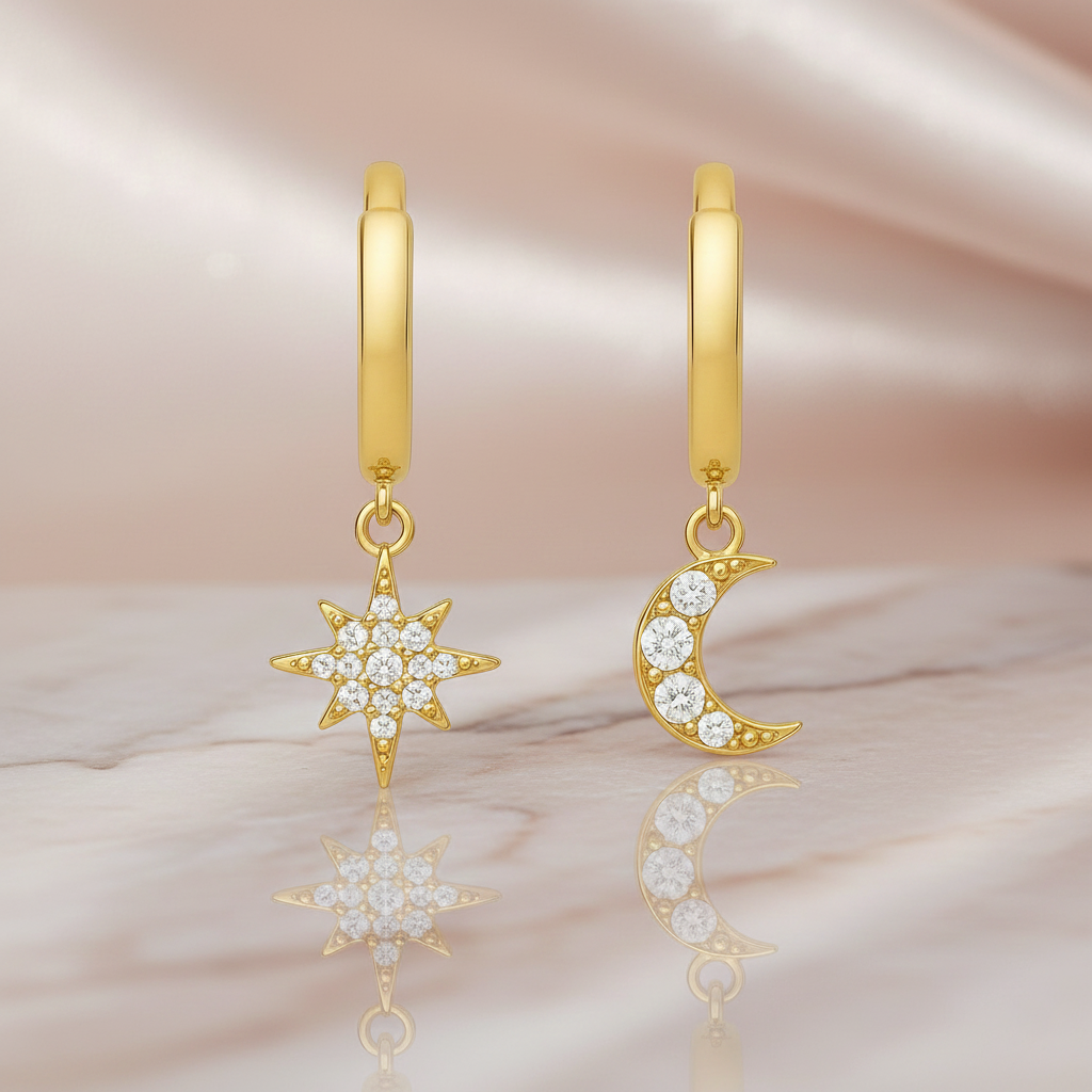 Boucles d’oreilles Soleil & Lune – Plaqué Or & Zirconium | Créoles Asymétriques