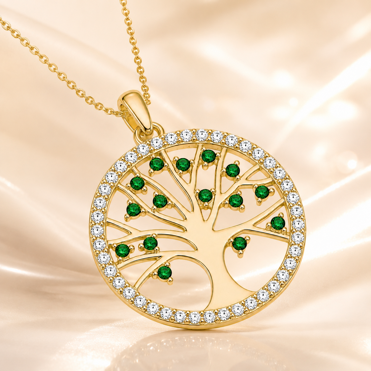 Collier Arbre de Vie – Plaqué Or Jaune 18 Carats & Zirconiums Verts et Blancs