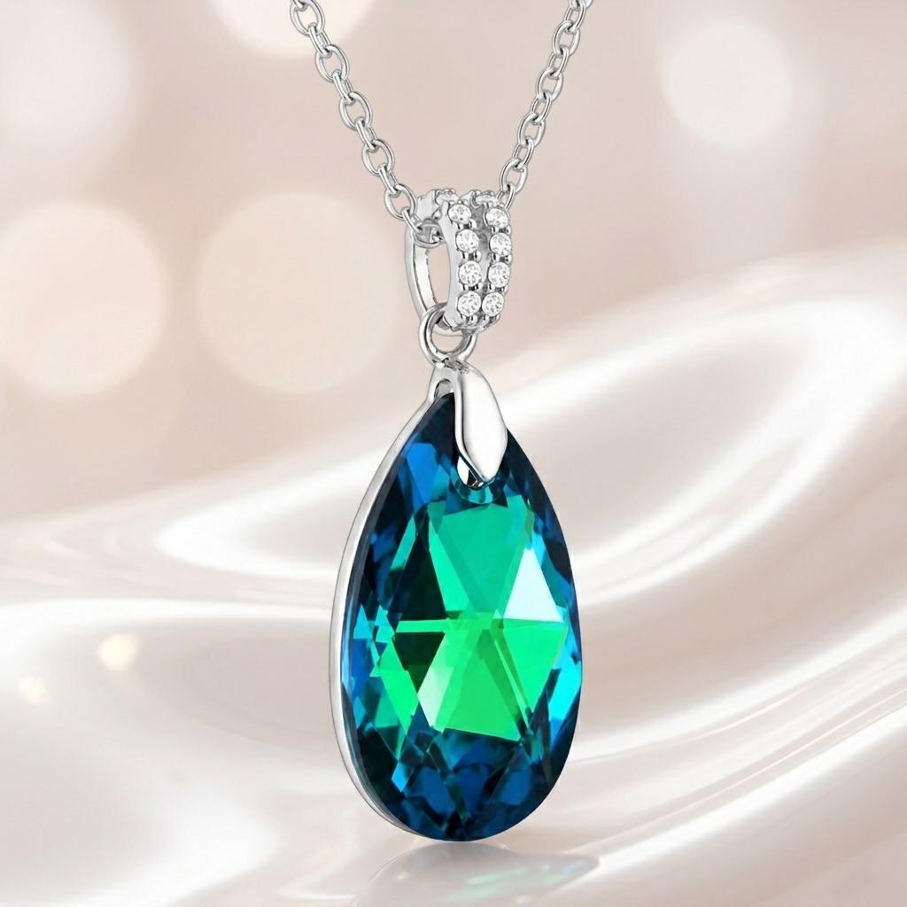 Collier Argent 925 Rhodié, Zirconiums & Cristal Bleu Vert