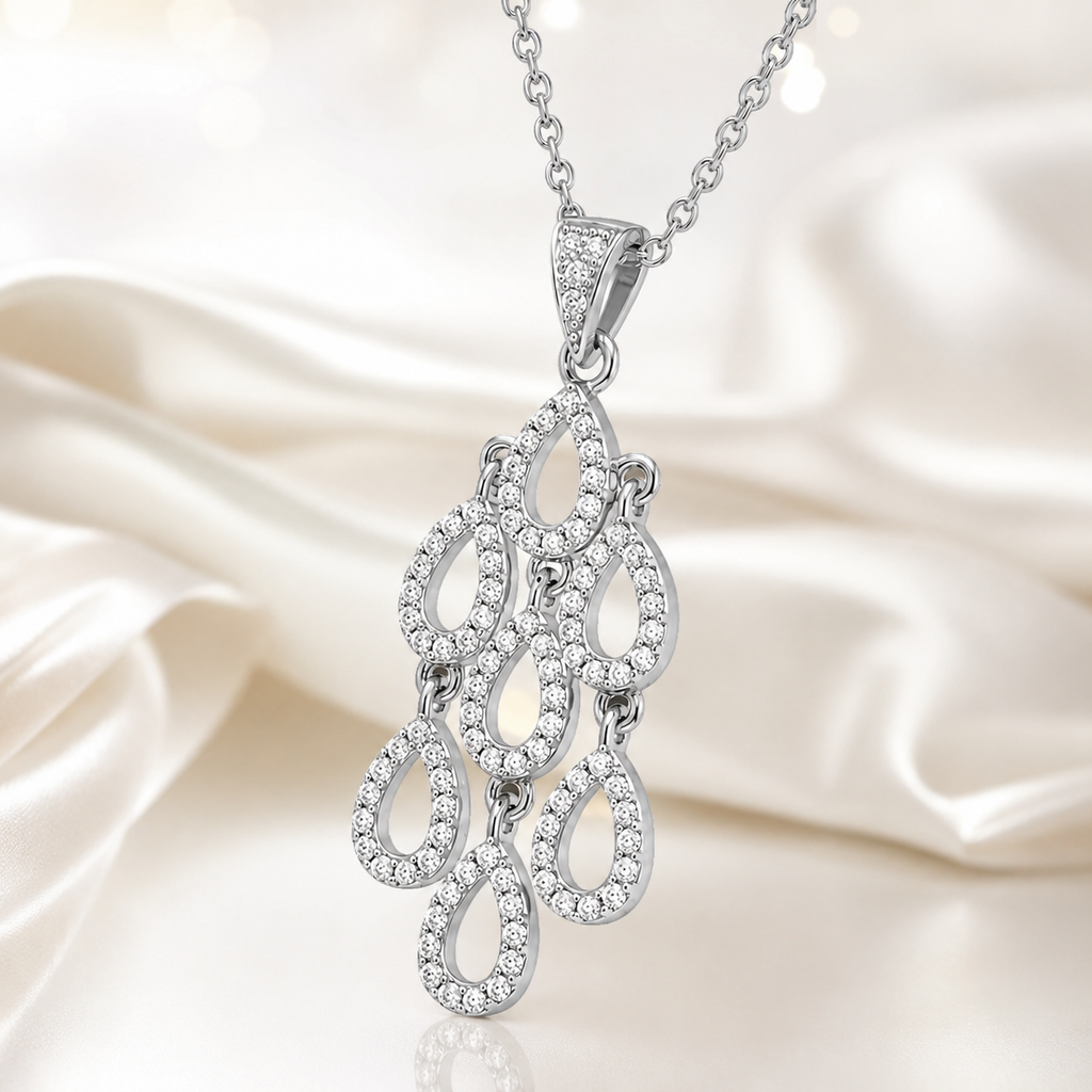 Collier en Argent 925 Rhodié & Zirconiums – Pendentif Gouttes Élégantes