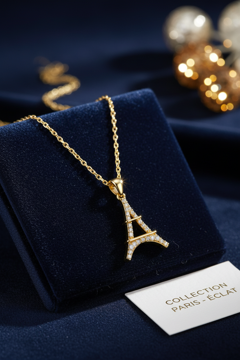 Collier Eiffel • Plaqué Or & Zirconium – Chaîne 40 + 5 cm