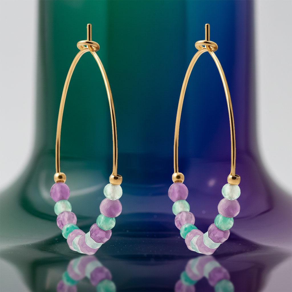 Boucles d’oreilles créoles 3 cm en plaqué or – Améthyste & Calcédoine