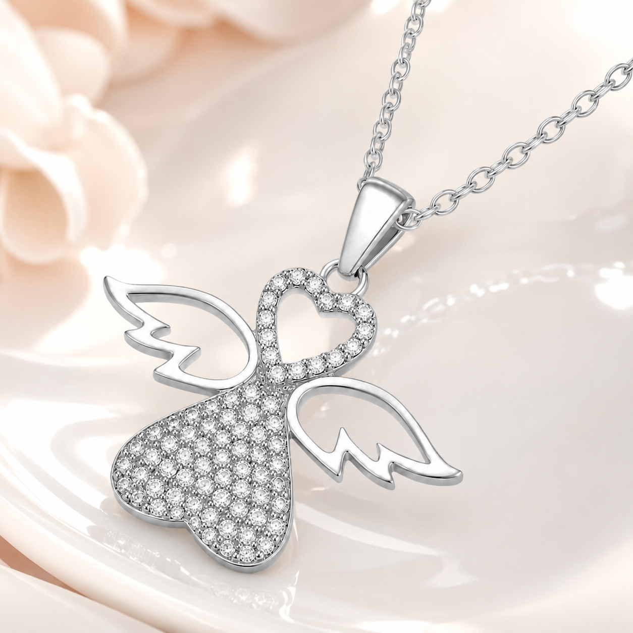 Collier Ange Cœur en Argent 925 Rhodié & Zirconiums