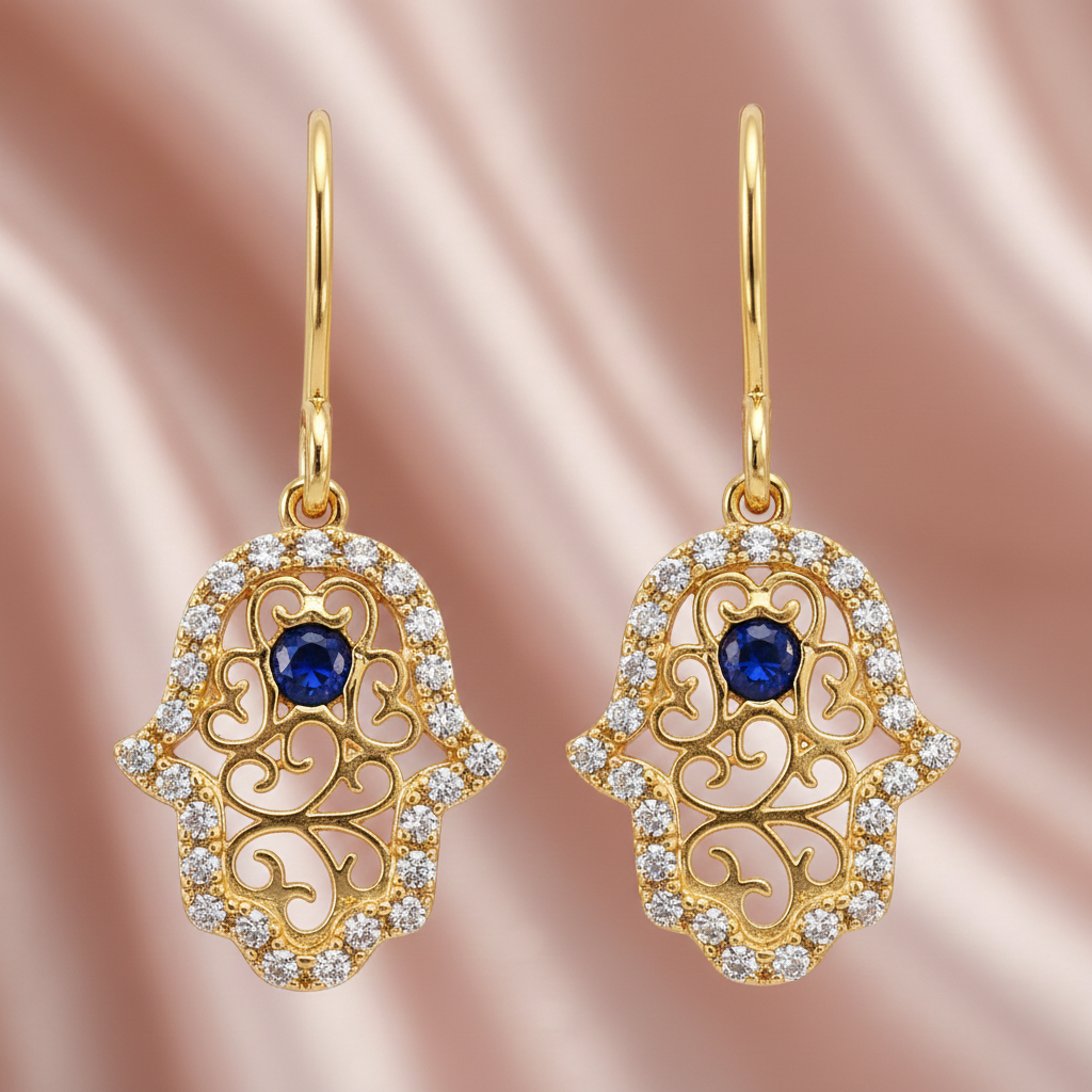 Boucles d’oreilles Main de Fatma – Plaqué Or 18 Carats & Zirconium