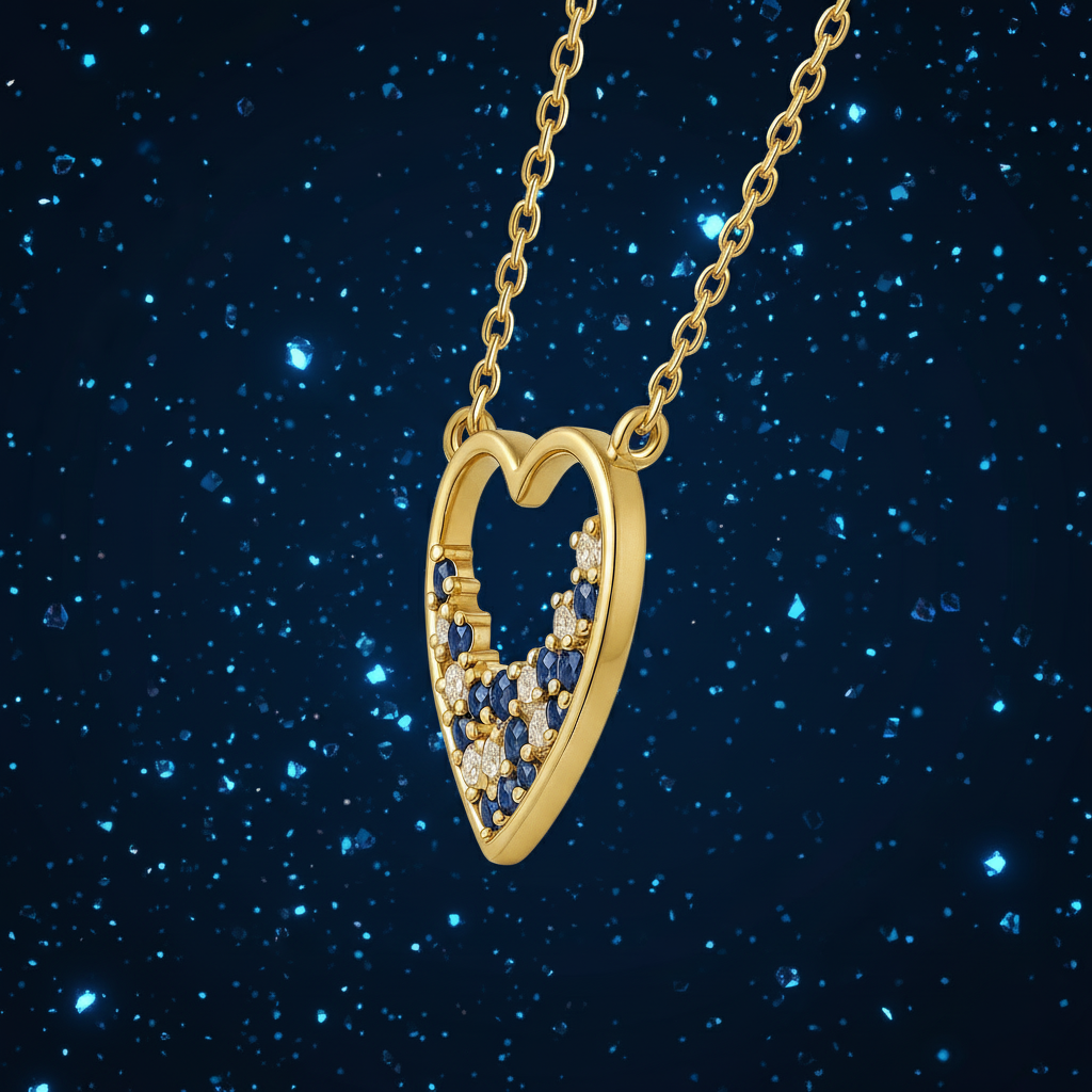 Collier Cœur Plaqué Or – Zirconiums Bleus & Blancs – Chaîne 40 + 5 cm