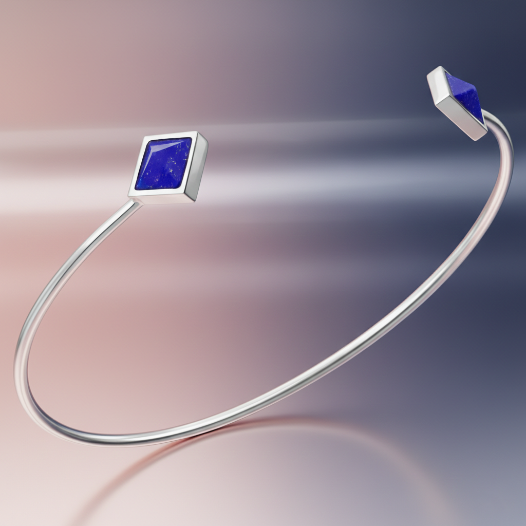 Bracelet Jonc Ouvert en Argent 925 Rhodié & Lapis Lazuli