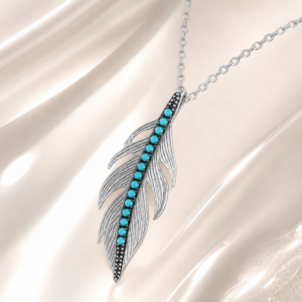 Collier Plume Argent 925 Rhodié & Turquoise Synthétique