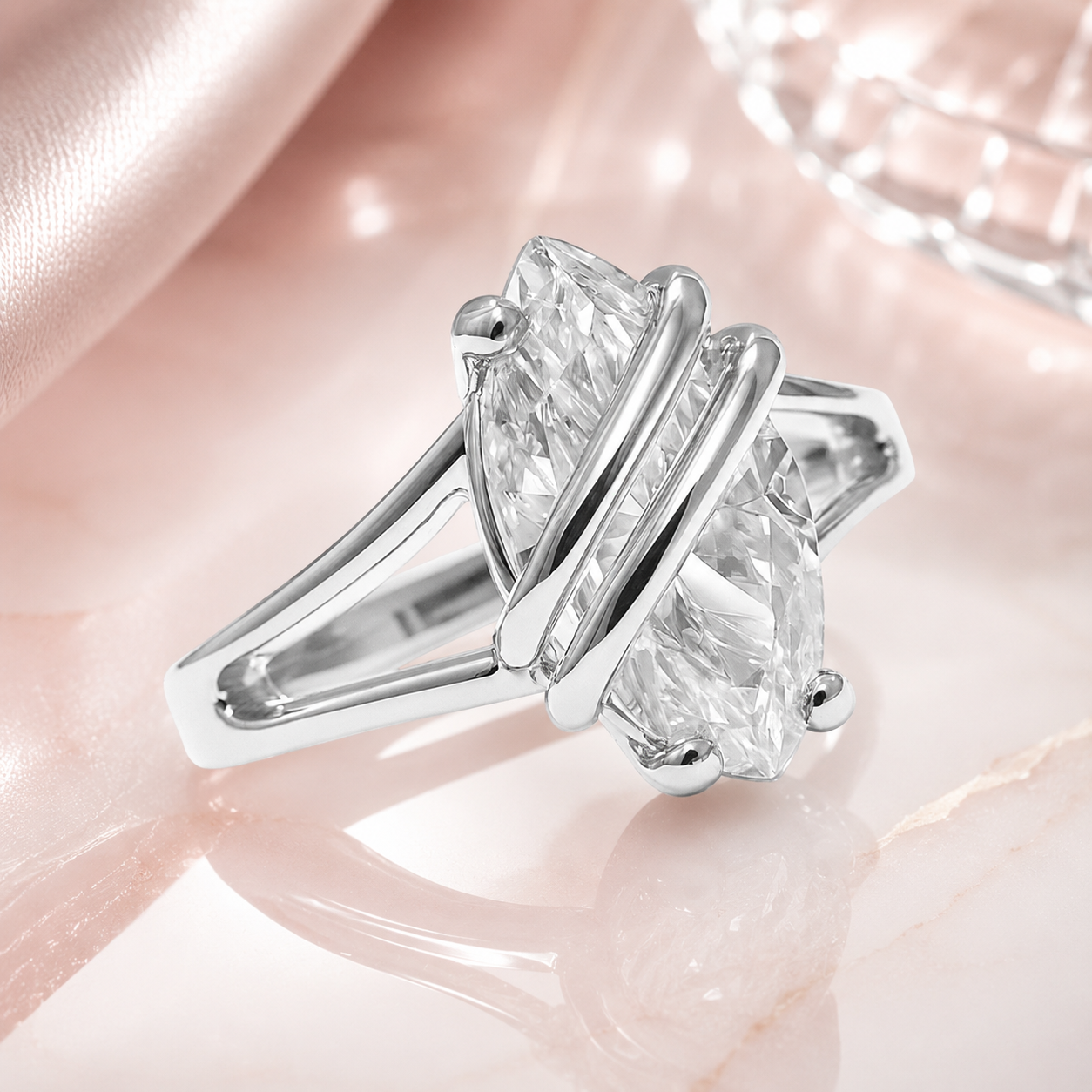 Bague Marquise Argent 925 Rhodié – Zirconium Taille Marquise – Design Moderne Croisé