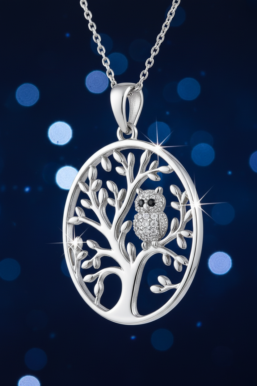 Collier Arbre de Vie & Hibou en Argent 925 Rhodié –  serti de Zirconium