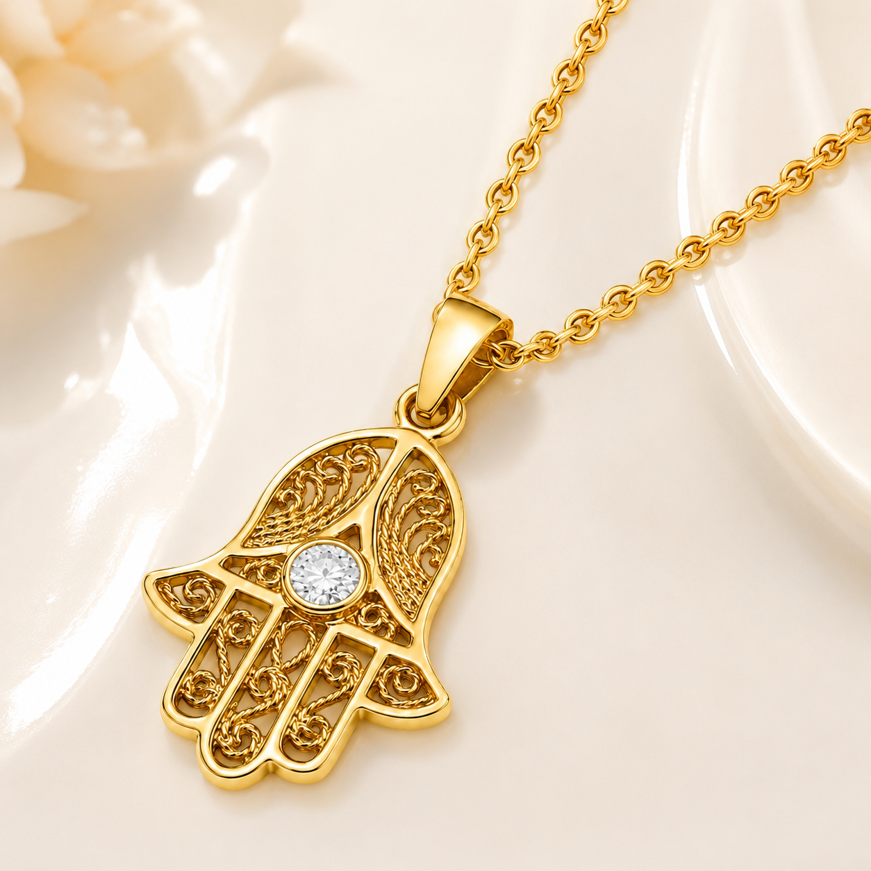 Collier Main de Fatma Plaqué Or Jaune 18 Carats & Zirconium Blanc