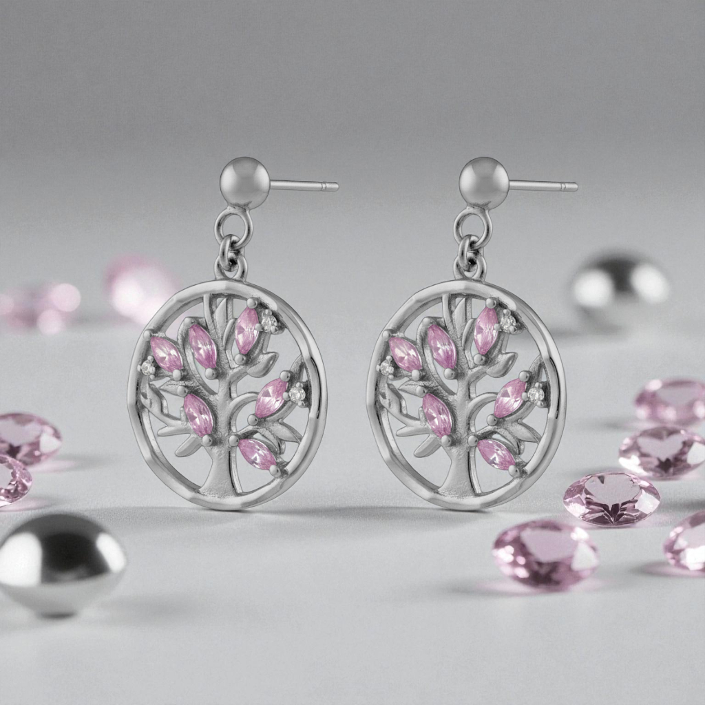 Boucles d’Oreilles Arbre de Vie en Argent Rhodié – Zirconium Rose & Blanc