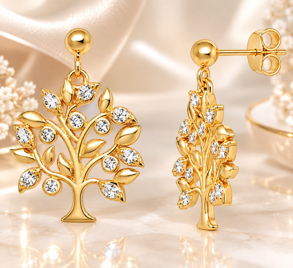 Boucles d’oreilles Arbre de Vie en plaqué or 18 carats et zirconiums