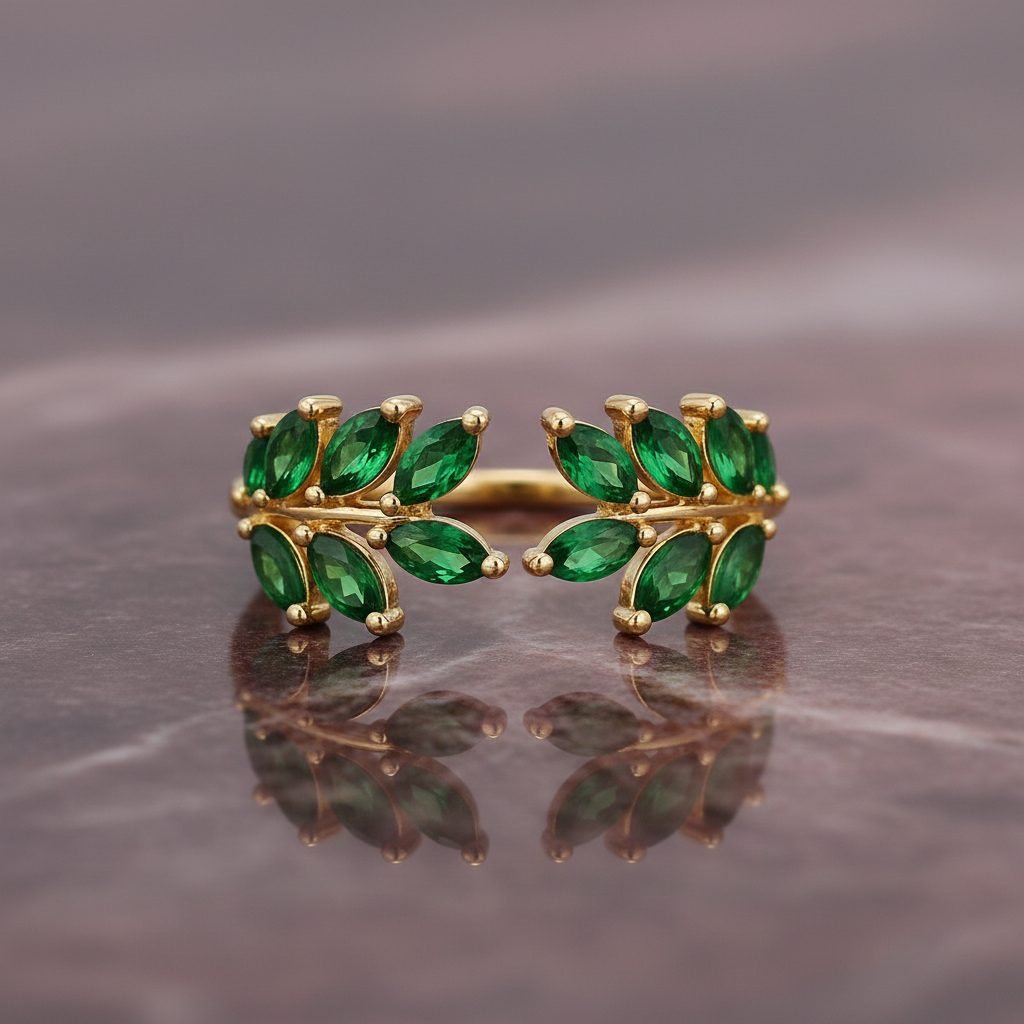 Bague feuille en plaqué or – Zirconiums verts scintillants
