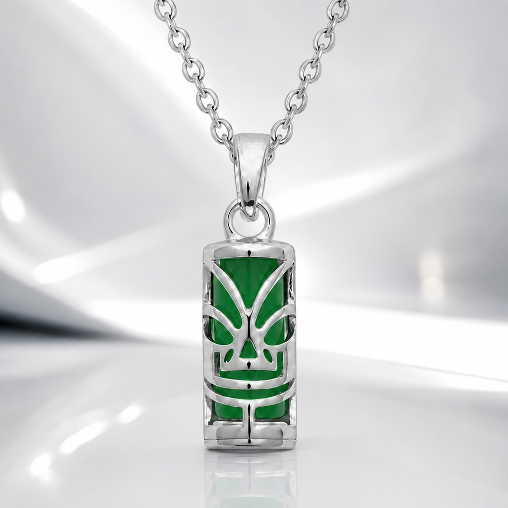 Collier petit Tiki en Argent 925 Rhodié & Agate Verte Naturelle – Unisexe