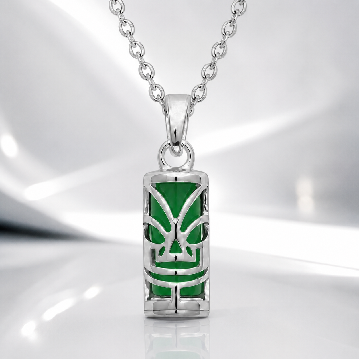 Collier petit Tiki en Argent 925 Rhodié & Agate Verte Naturelle – Unisexe