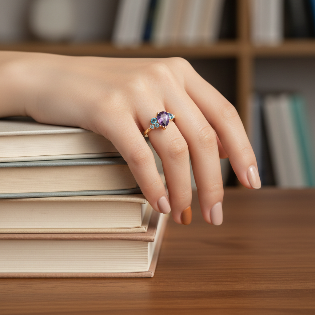 Bague plaqué or  – Zirconiums violet, bleu & blanc