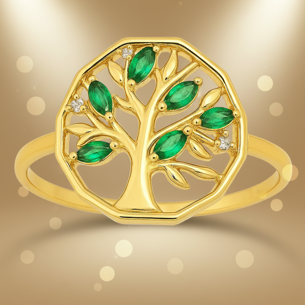 Bague Arbre de Vie – Plaqué Or & Zirconium Blanc et Vert