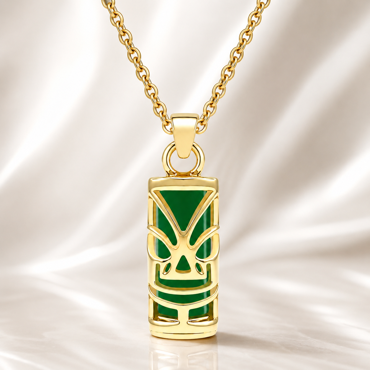 Collier Tiki en Plaqué Or 18 Carats & Agate Verte Naturelle