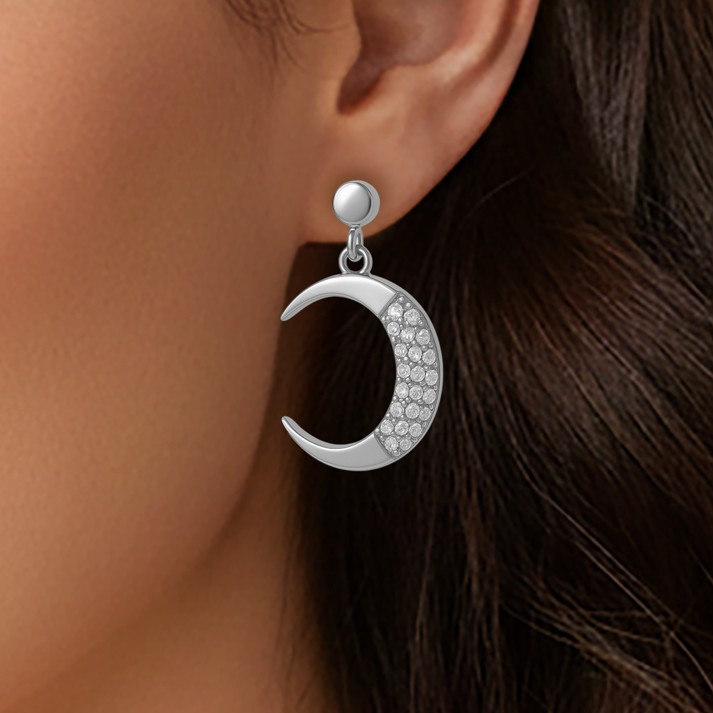 Boucles d’oreilles asymétriques Lune & Étoile – Argent Rhodié & Zirconium Blanc