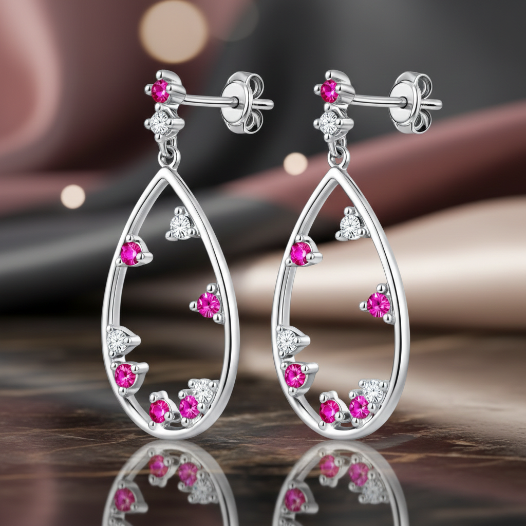 Boucles d’Oreilles Goutte Argent 925 Rhodié & Zirconiums Roses