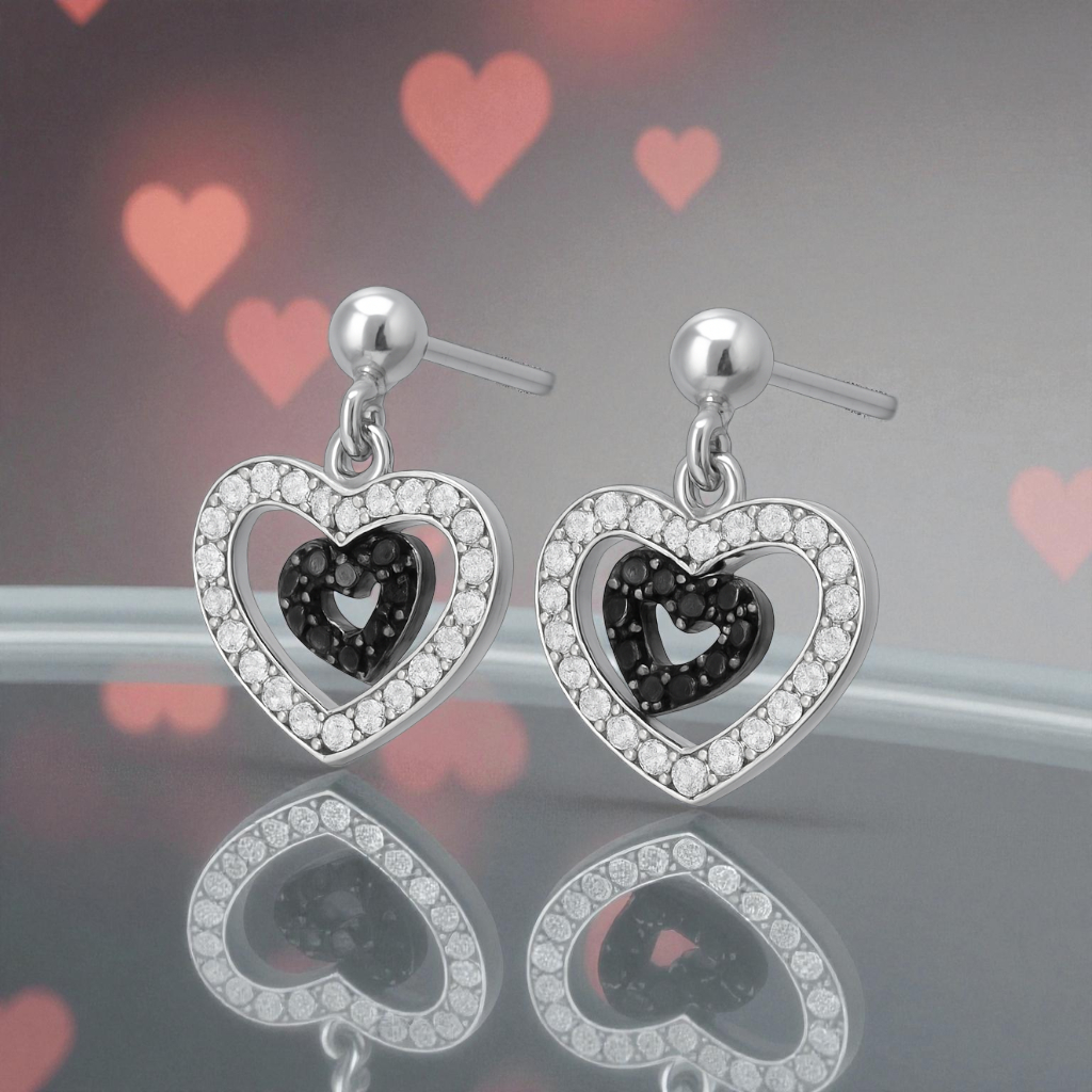Boucles d’oreilles cœur en argent rhodié – Zirconium blanc & noir | Élégance intemporelle