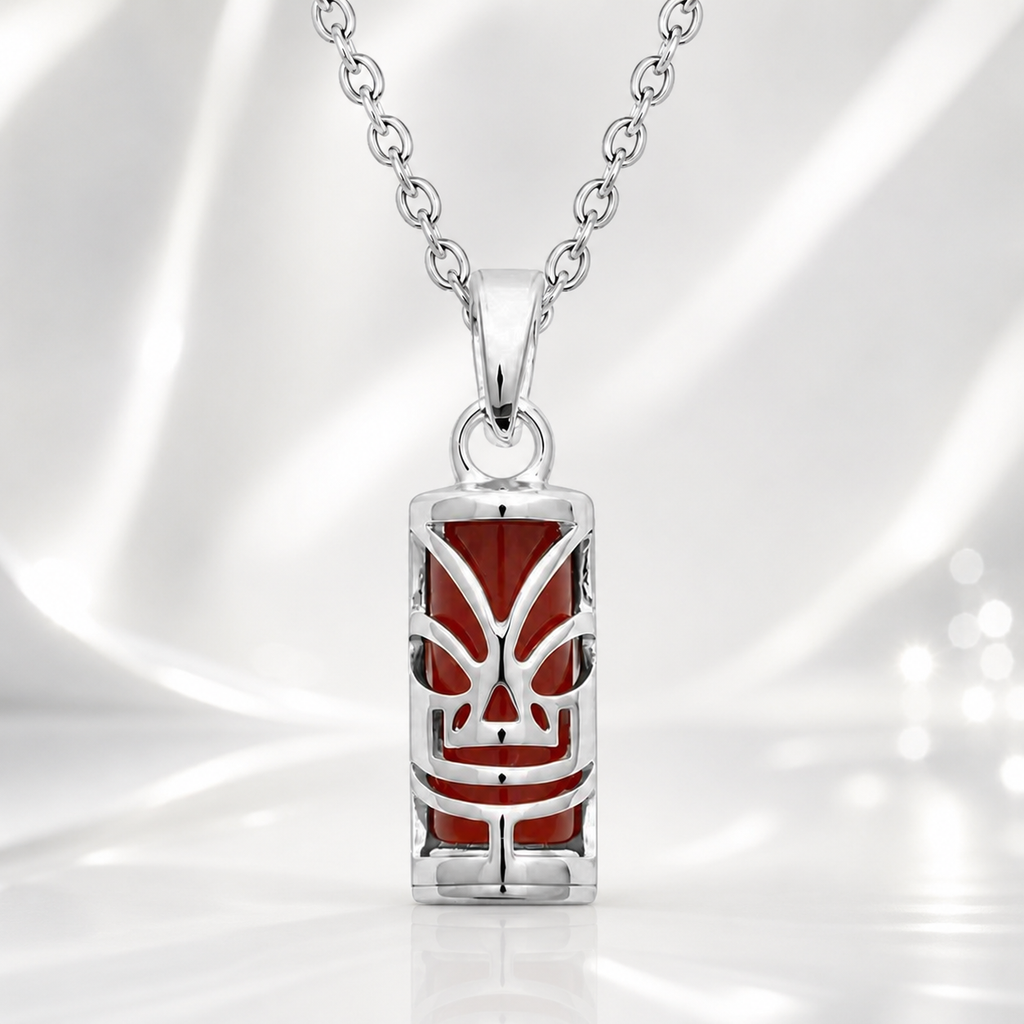 Collier petit Tiki en Argent 925 Rhodié & Agate rouge Naturelle – Unisexe