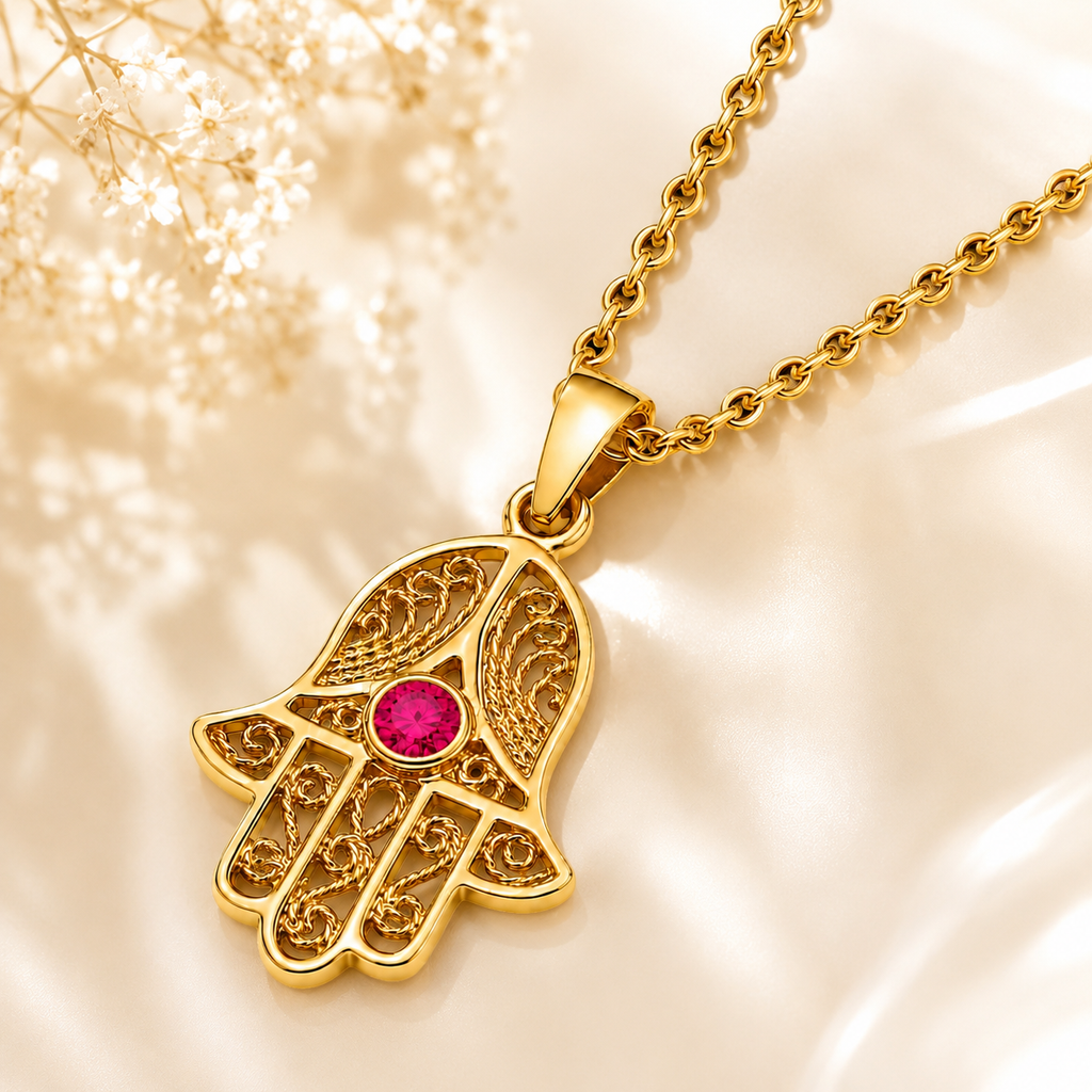 Collier Main de Fatma Plaqué Or Jaune 18 Carats & Zirconium rouge