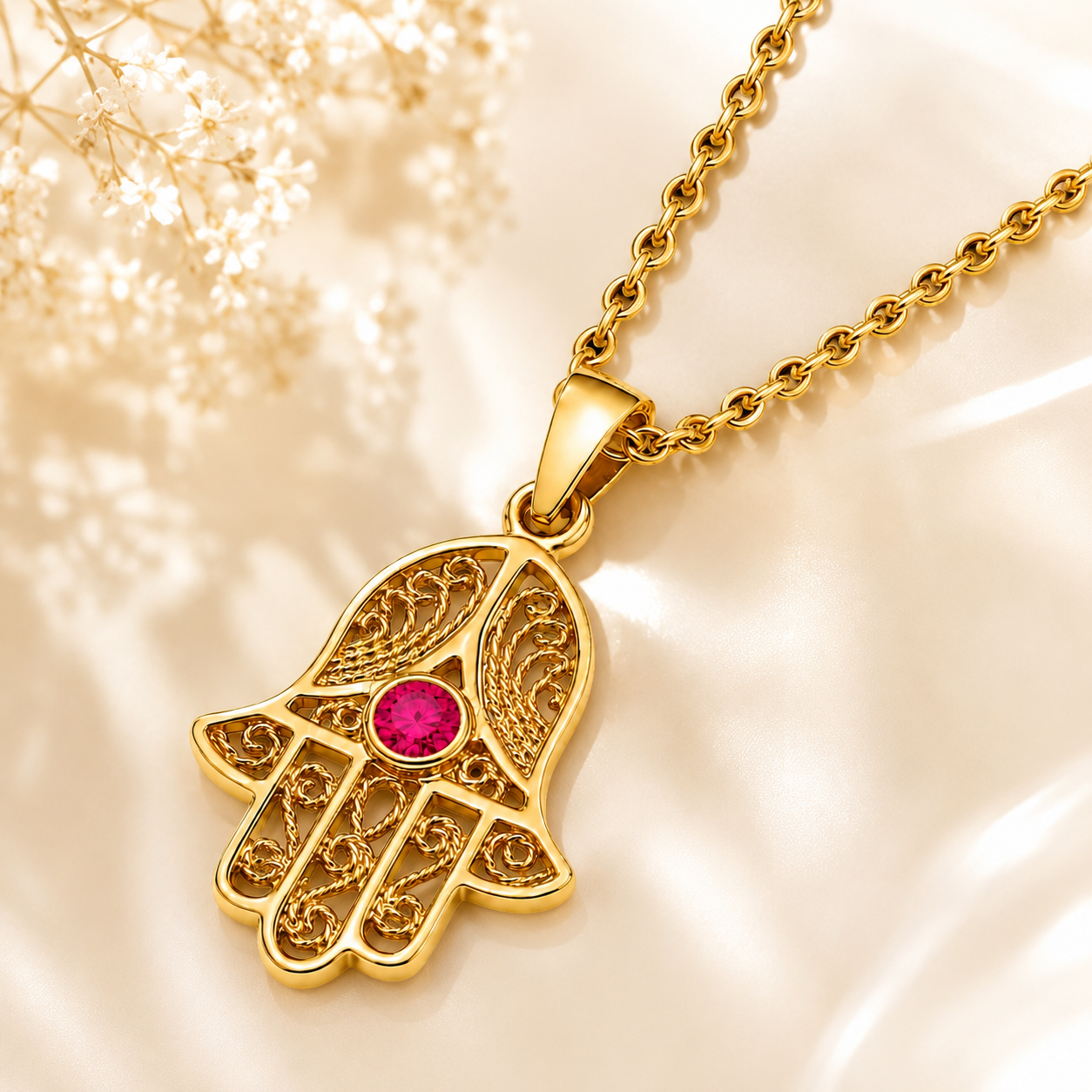 Collier Main de Fatma Plaqué Or Jaune 18 Carats & Zirconium rouge