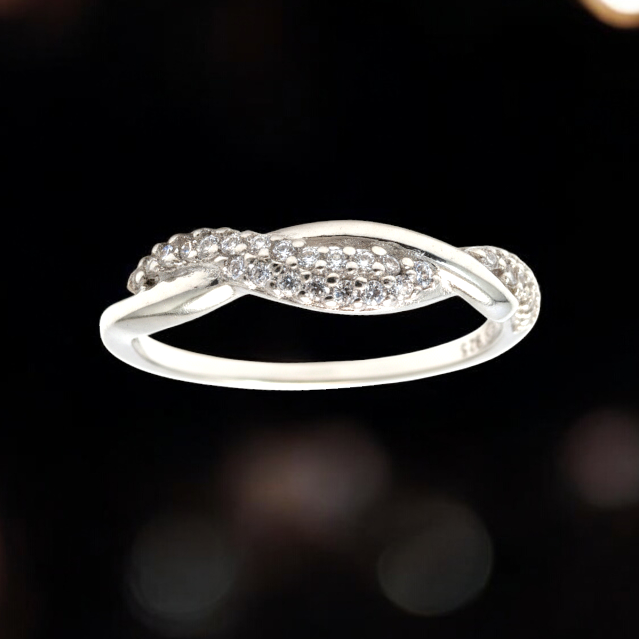 Bague en Argent 925 Rhodié – Anneau Élégant Torsadé Sertis de Zirconiums