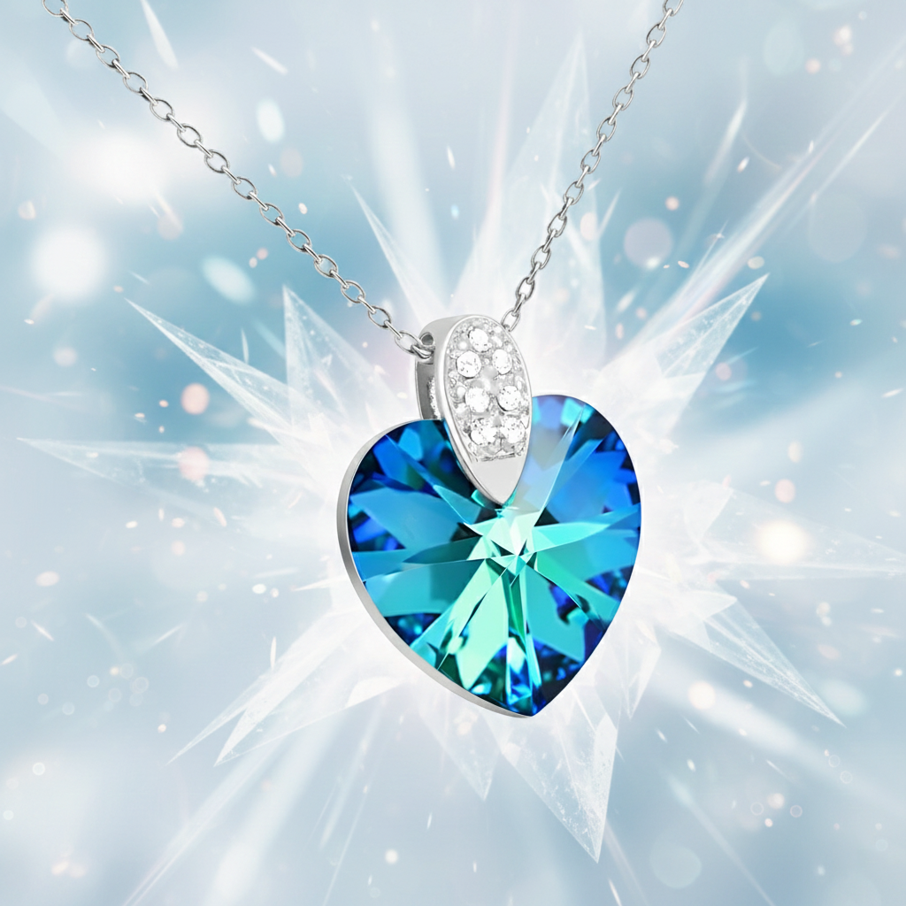 Collier Cœur en Argent 925 Rhodié & Cristal bleu/vert